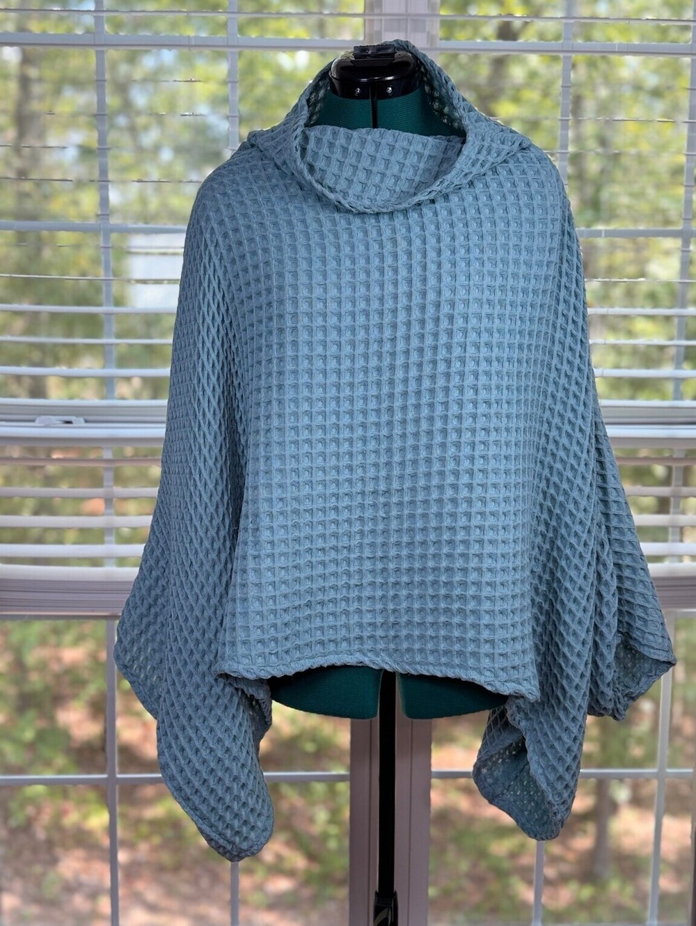 Tall Cotton Living & Co Waffle Knit Cowl Neck Poncho One Size Blue Green